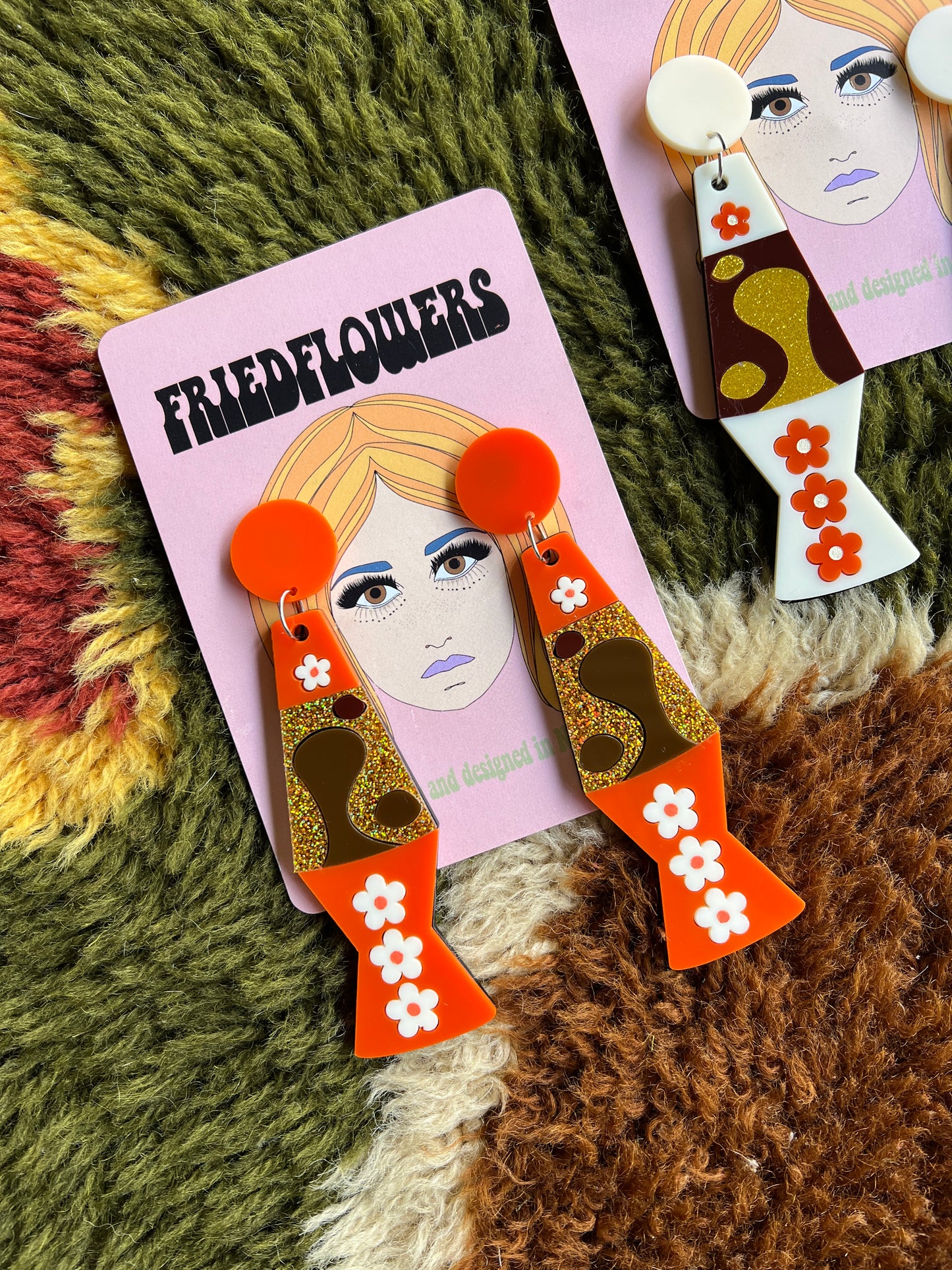 FRIED FLOWERS Trippy retro flower power lava lamp earrings: Tangerine
