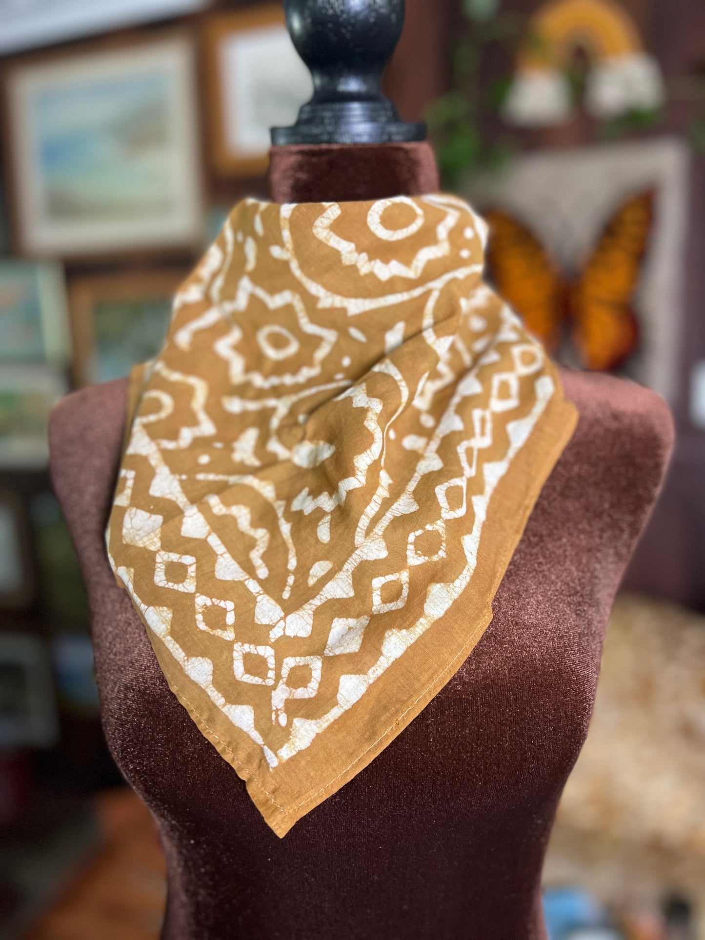 ANJU JEWELLERY Block Printed Bandana - Golden Mustard Floral Vines Print