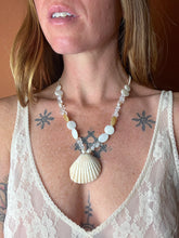 Load image into Gallery viewer, BEADED SUNRAYS Shell Pendant, Clear Quartz, Fresh Water Pearl, Mix Bead Necklace