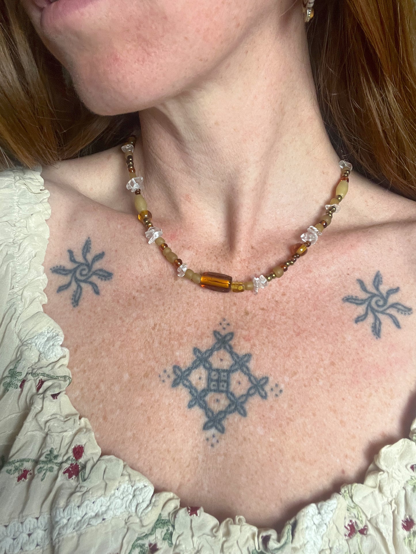 BEADED SUNRAYS Clear Quartz, Recycled Glass Bead Necklace 17”