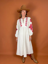 Load image into Gallery viewer, VTG 70&#39;s Heavy Cotton Linen Embroidered Maxi Dress 10-12