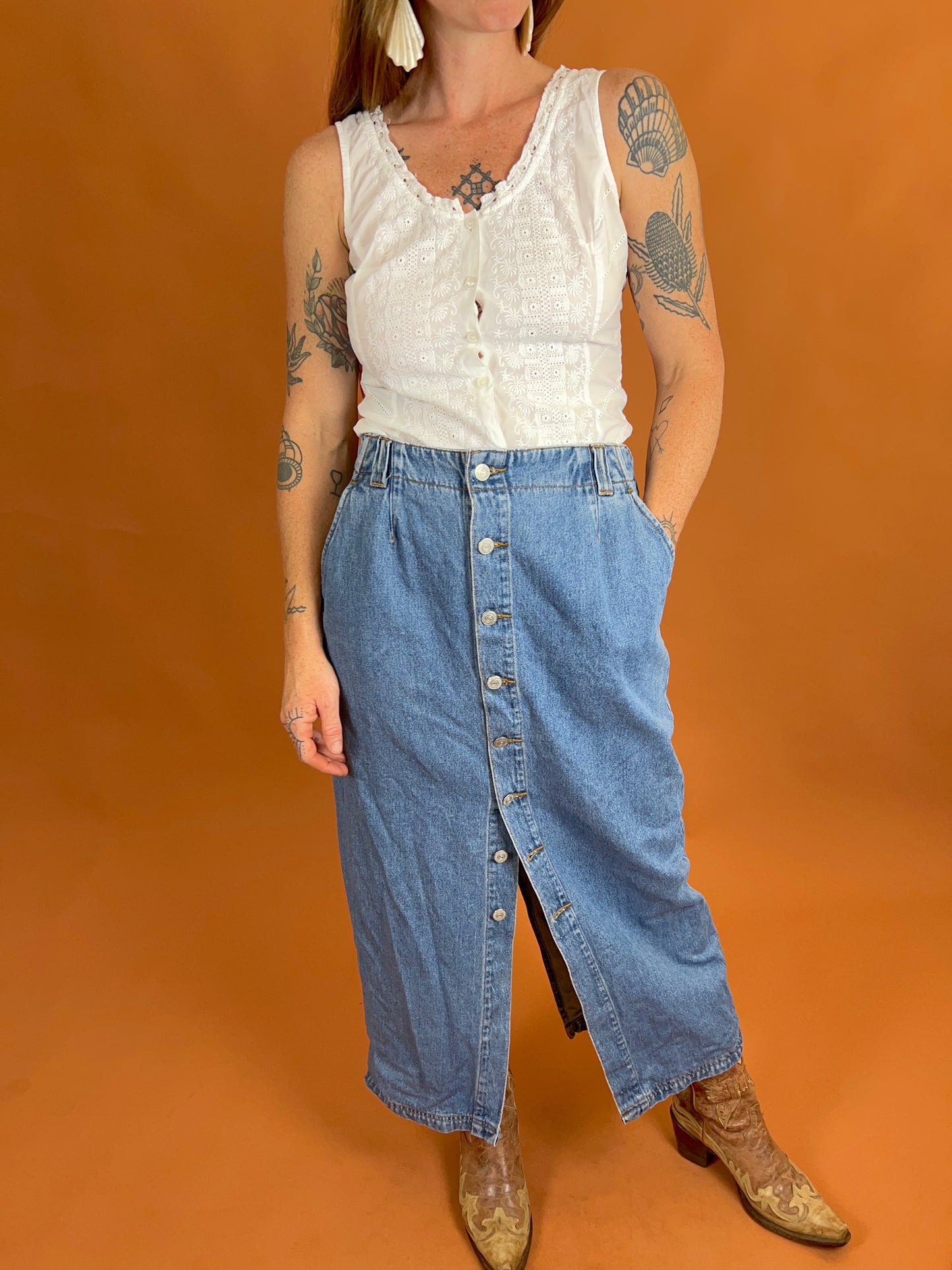 VINTAGE 80's Denim Maxi Skirt 10