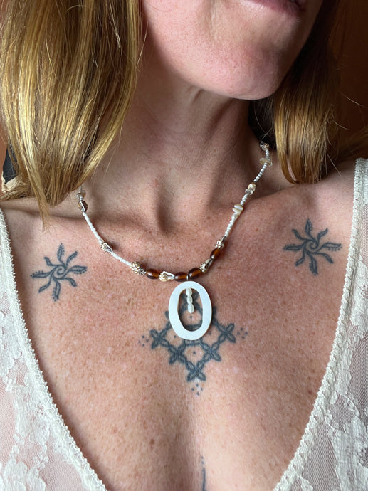 BEADED SUNRAYS Shell, Amber, Freshwater Pearl Necklace