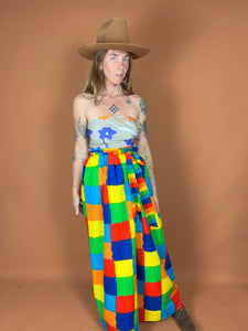 VTG 60's/70's Bright Square Printed Cotton Maxi Skirt 12-14