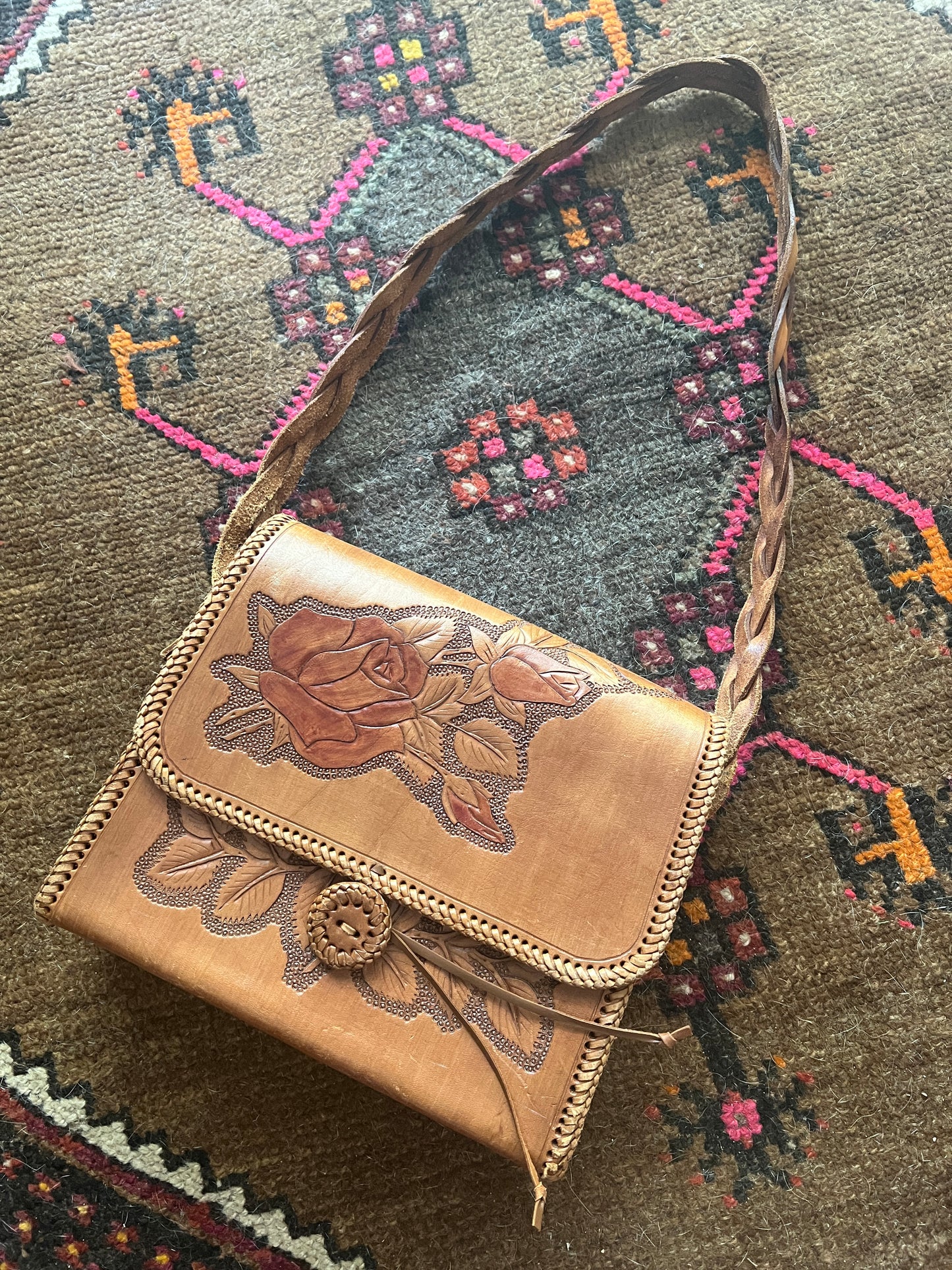 VINTAGE 70's Leather Tooled Bag