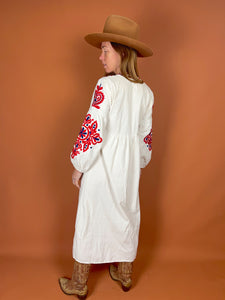 VTG 70's Heavy Cotton Linen Embroidered Maxi Dress 10-12