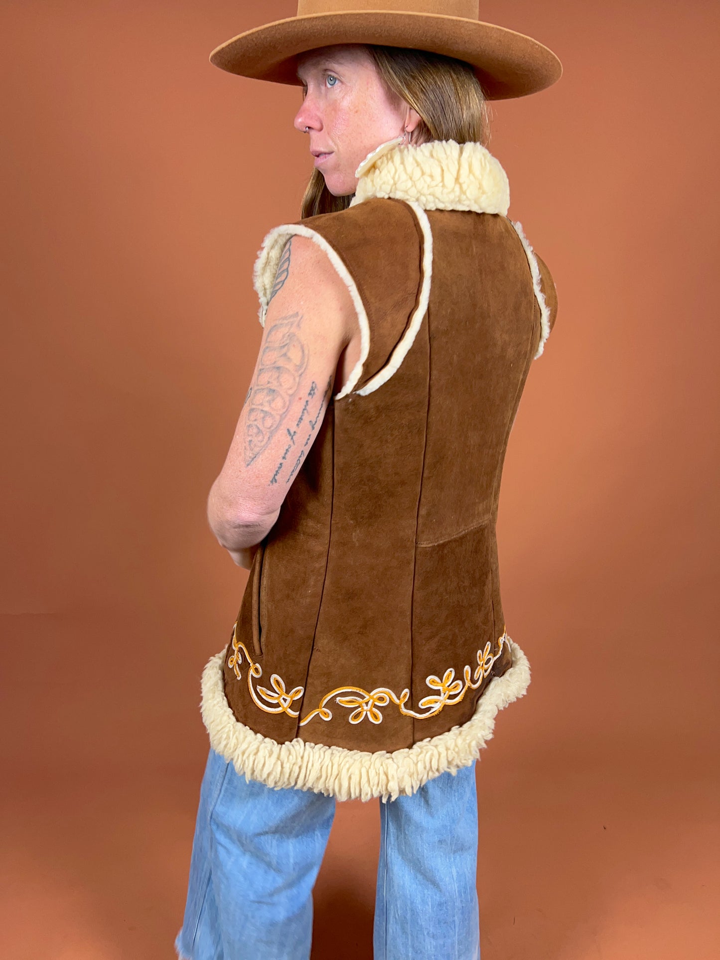 VINTAGE 60's Afghan Embroidered Shearling Vest 10-12