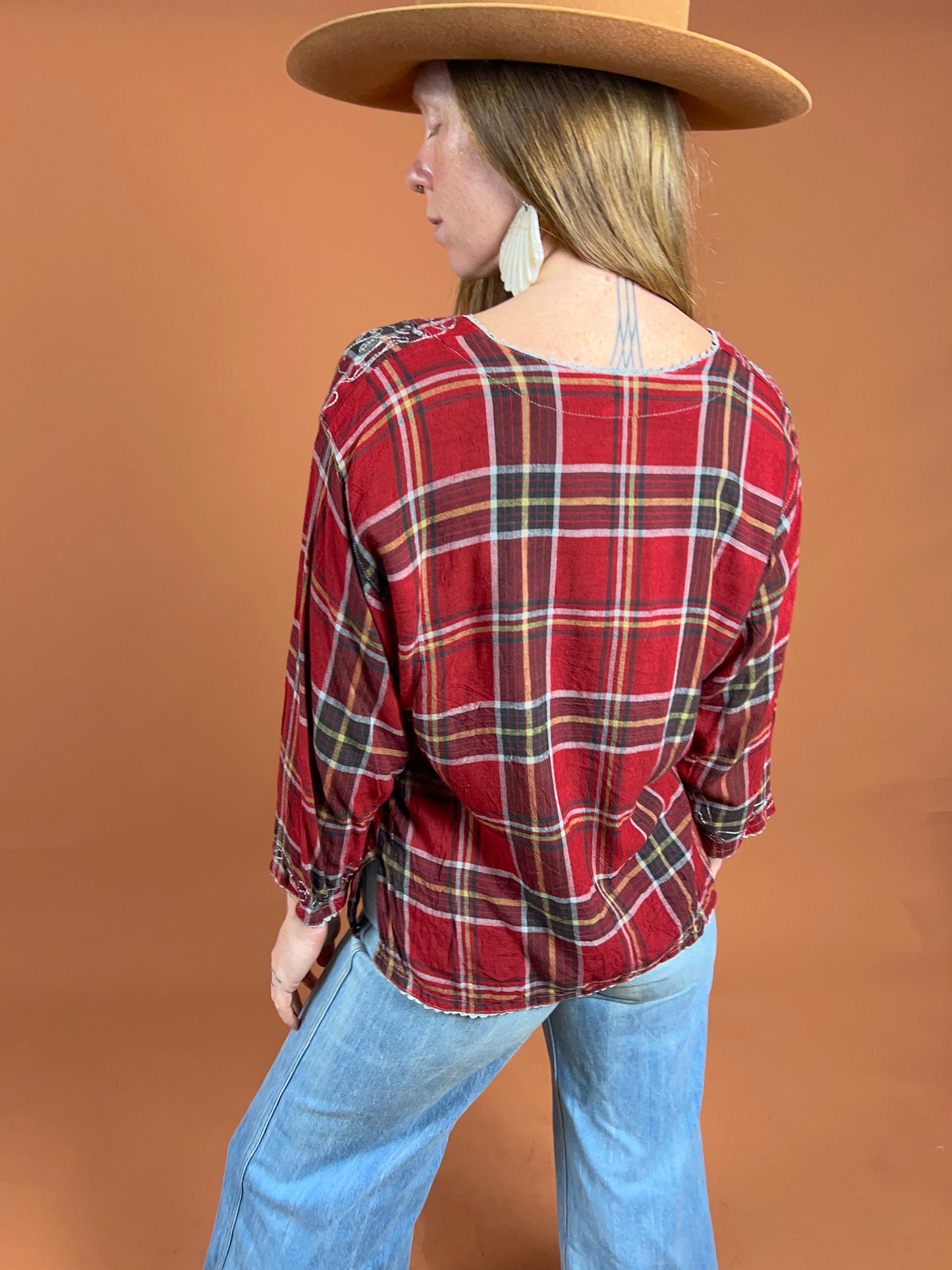 VINTAGE 90's Gingham Embroidered Blouse 12-14