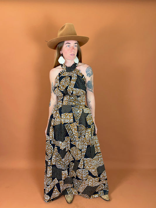 VINTAGE 80's High Neck Cotton Maxi Dress 10-12