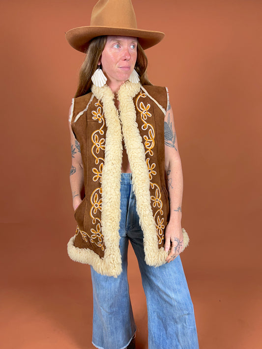 VINTAGE 60's Afghan Embroidered Shearling Vest 10-12