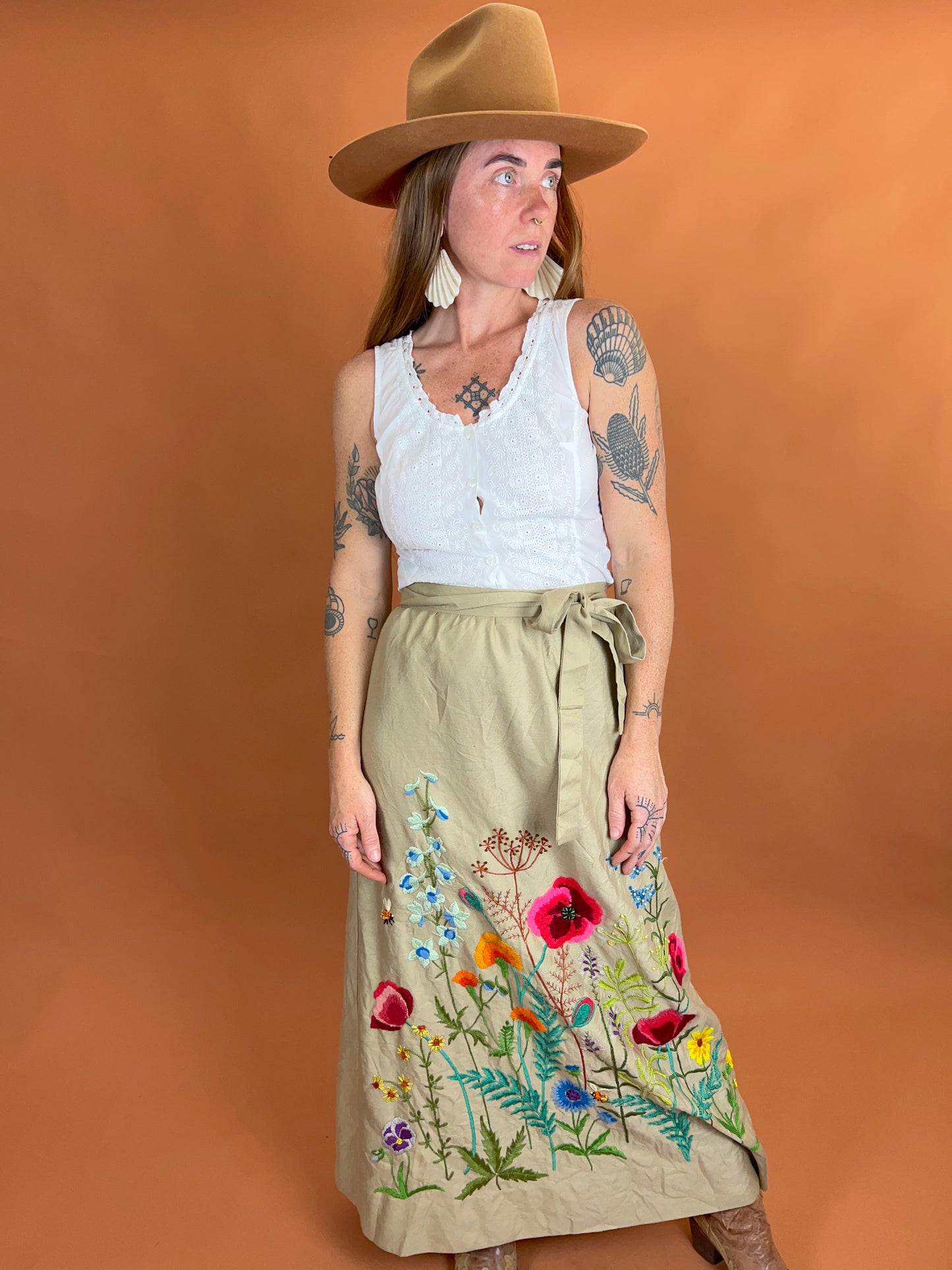 Vintage 70's Linen Embroidered Wrap Skirt 10
