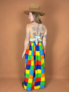 VTG 60's/70's Bright Square Printed Cotton Maxi Skirt 12-14