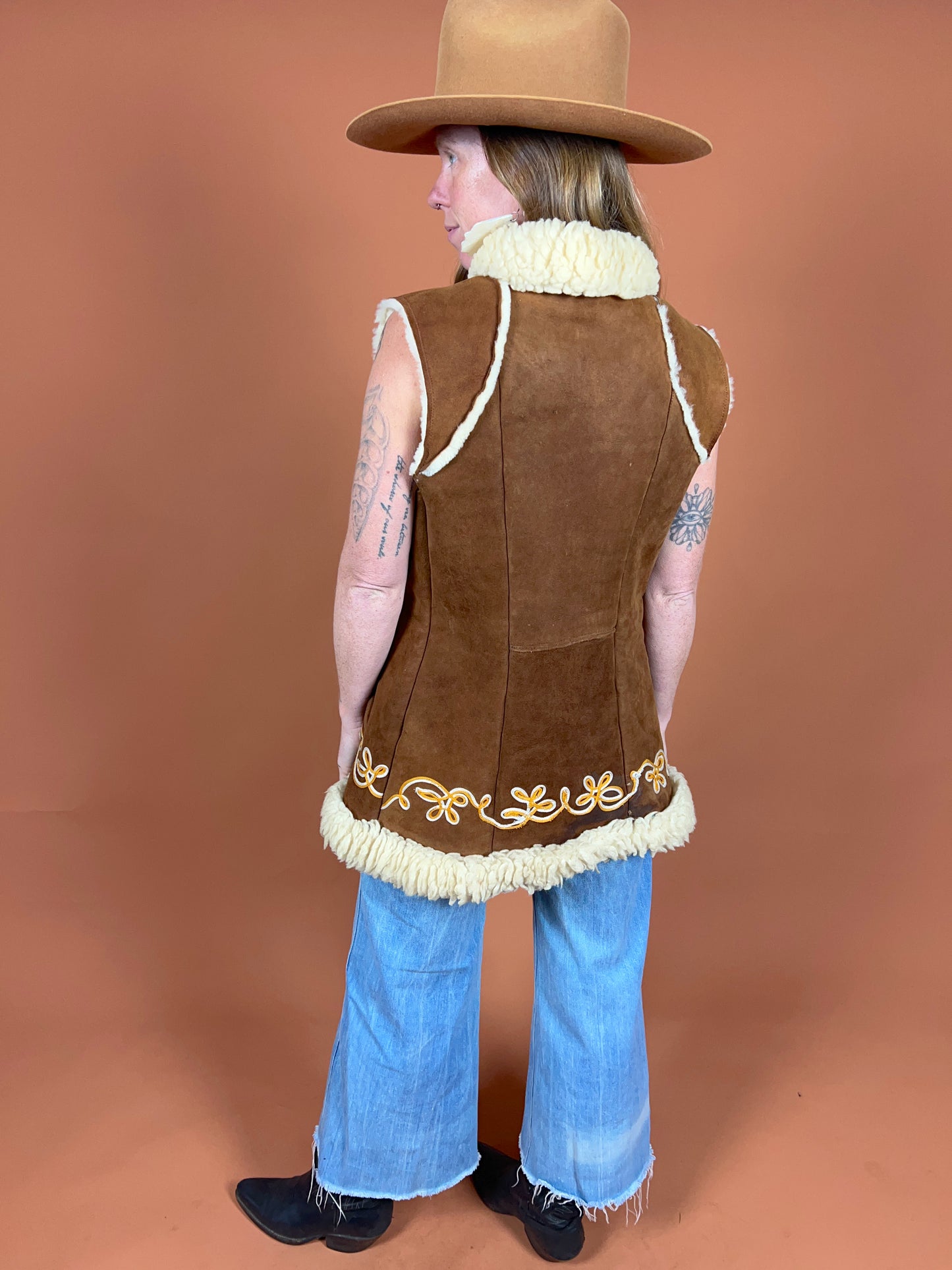 VINTAGE 60's Afghan Embroidered Shearling Vest 10-12