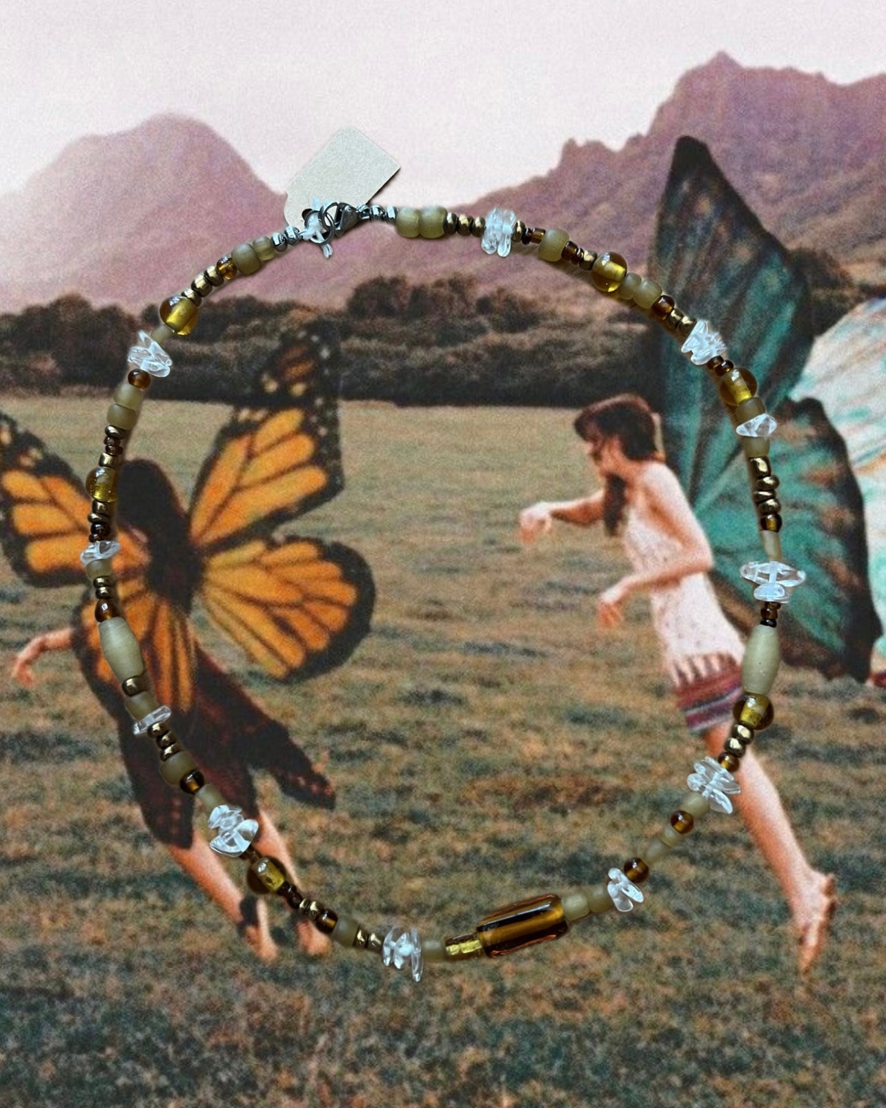 BEADED SUNRAYS Clear Quartz, Recycled Glass Bead Necklace 17”