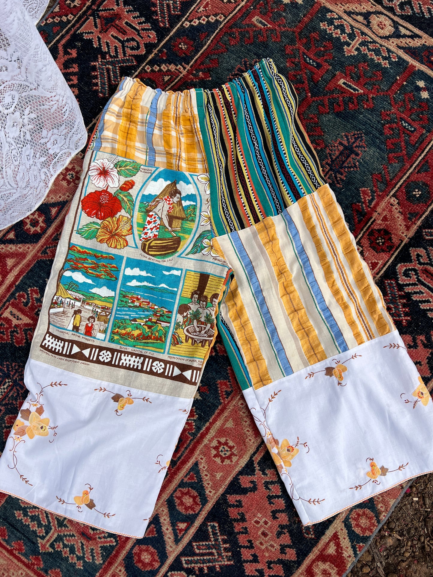 SECOND SHINE SLOW FASHION Vintage 'Fiji" Tea Towel & Tablecloth Patchwork Pants 10-14