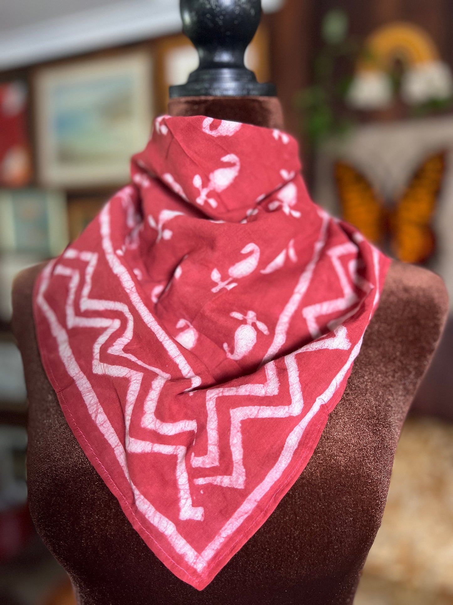 ANJU JEWELLERY Block Printed Bandana - Light Red Floral and Chevron