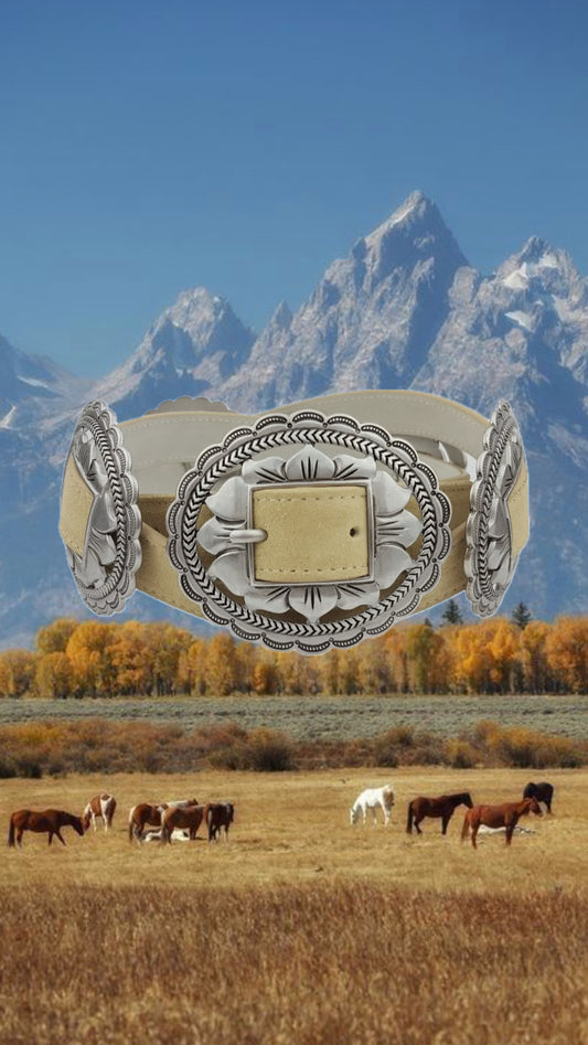 AXESORIA WEST Suede Sunflower Concho Belt Sand