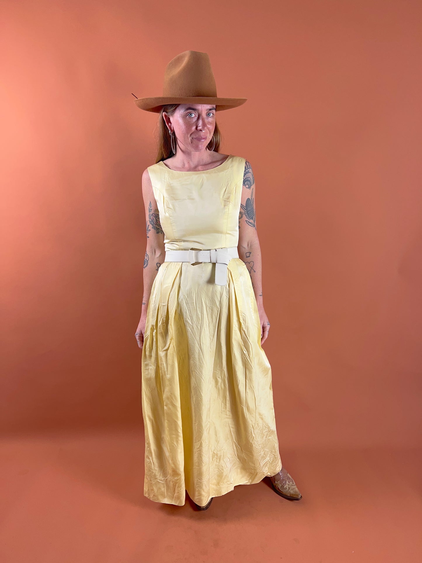 VINTAGE 60's Banana Yellow Silk Maxi Dress 8