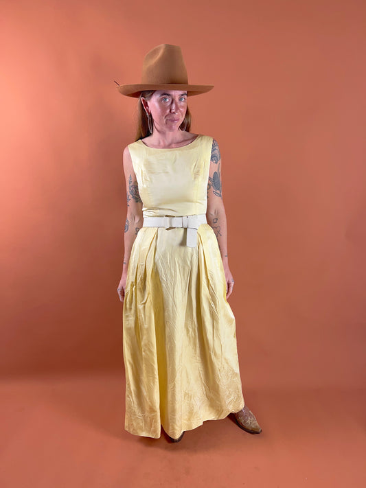 VINTAGE 60's Banana Yellow Silk Maxi Dress 8