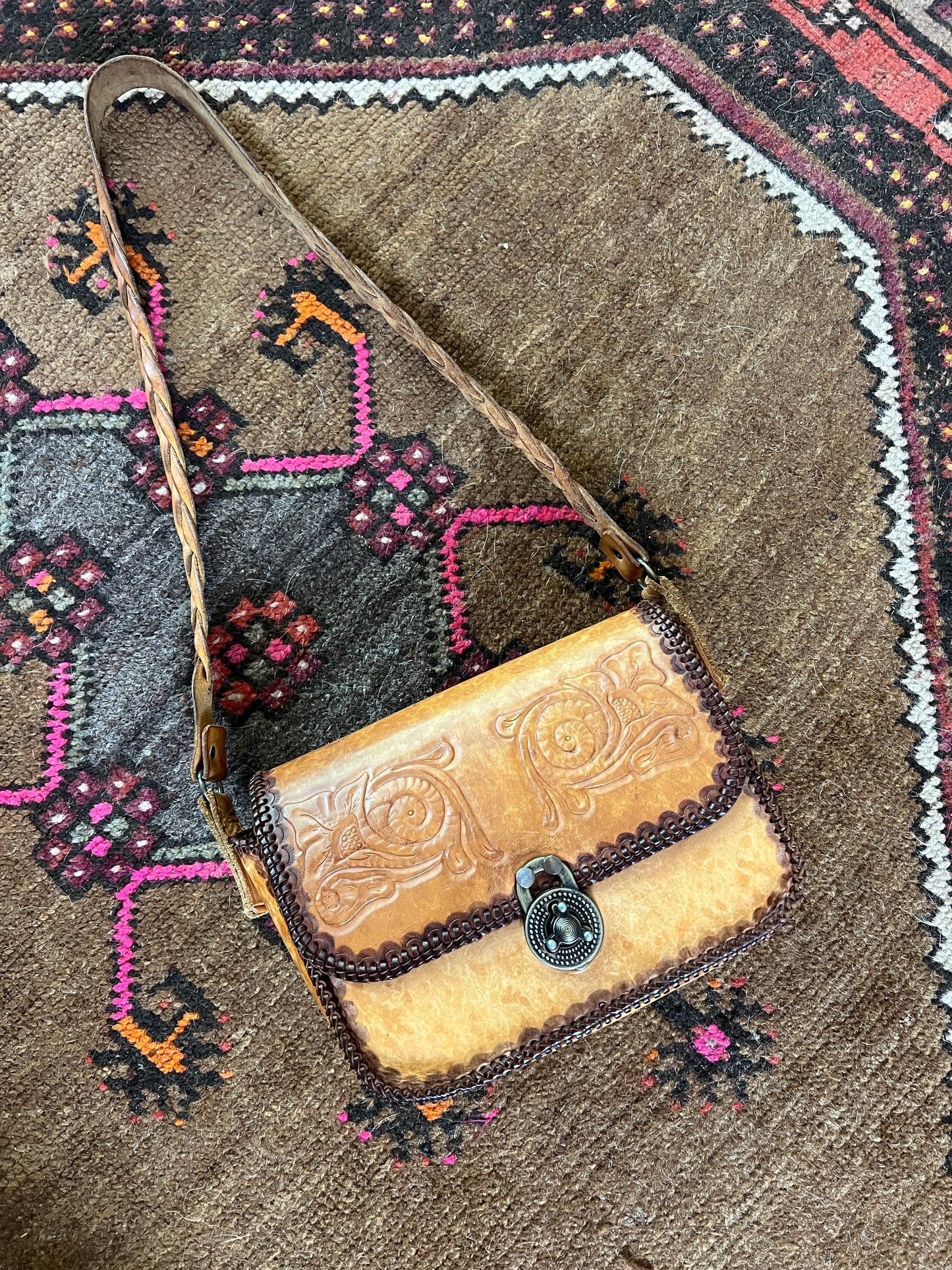 VINTAGE 70's Tooled Leather Shoulder Bag