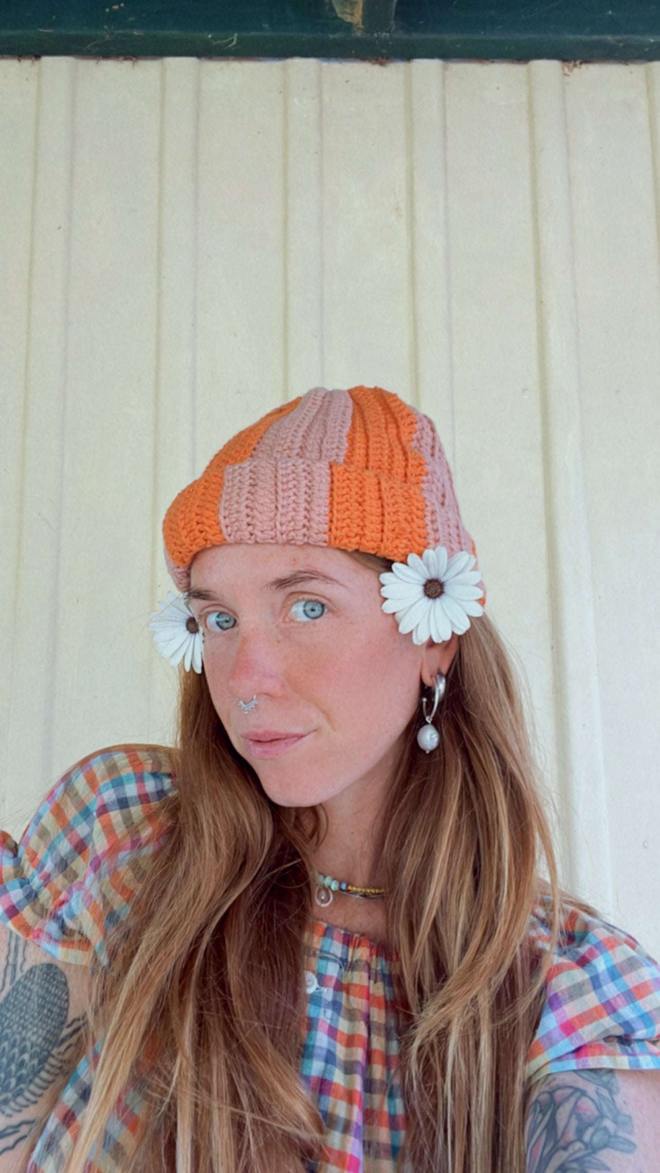 COFFEE MONEY Orange Stripe Cotton Crochet Beanie