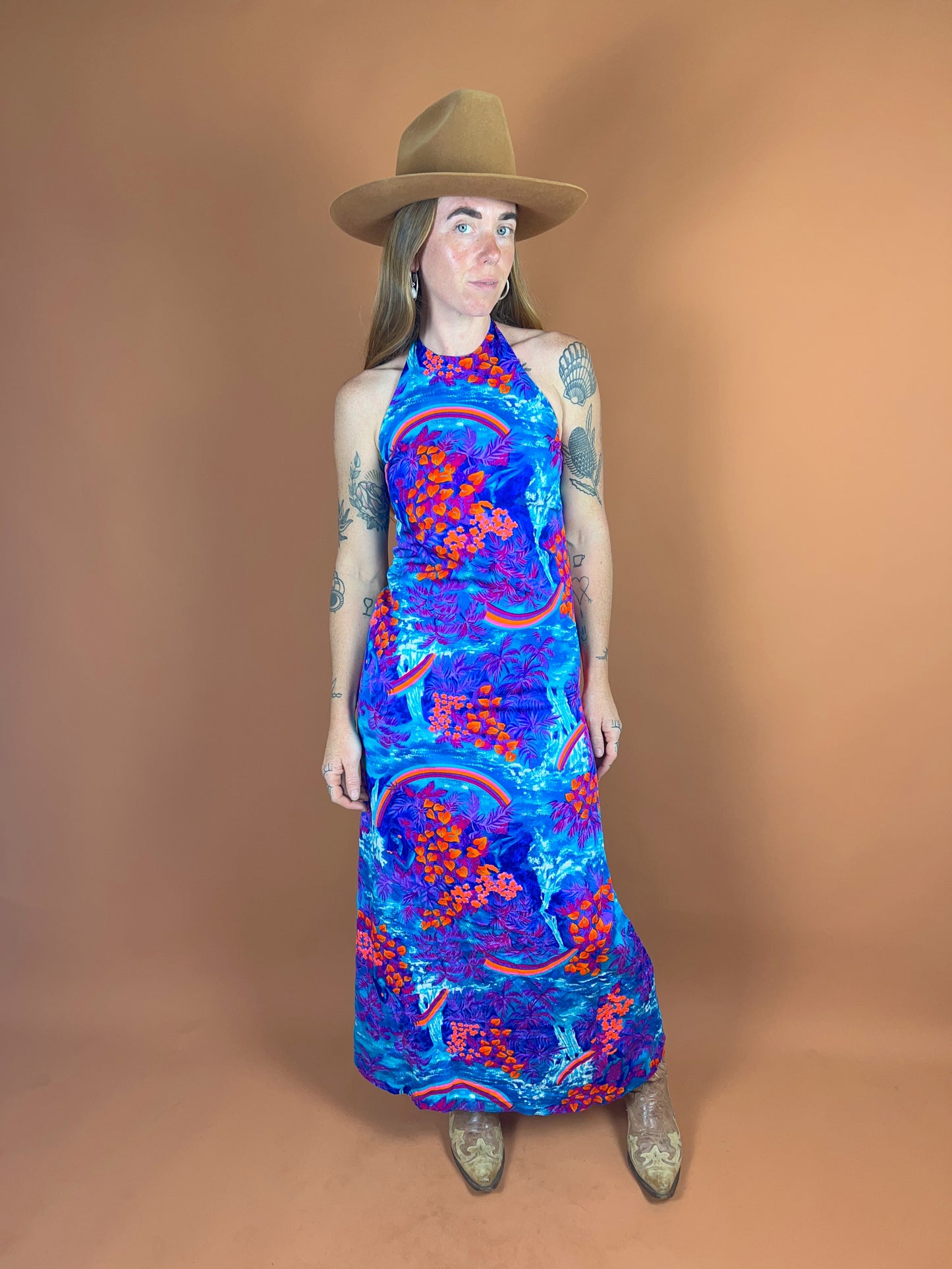 VINTAGE 60’s/70’s Floral Cotton Halter Maxi Dress 6-8