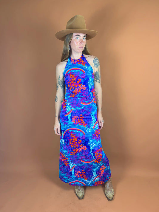 VINTAGE 60’s/70’s Floral Cotton Halter Maxi Dress 6-8