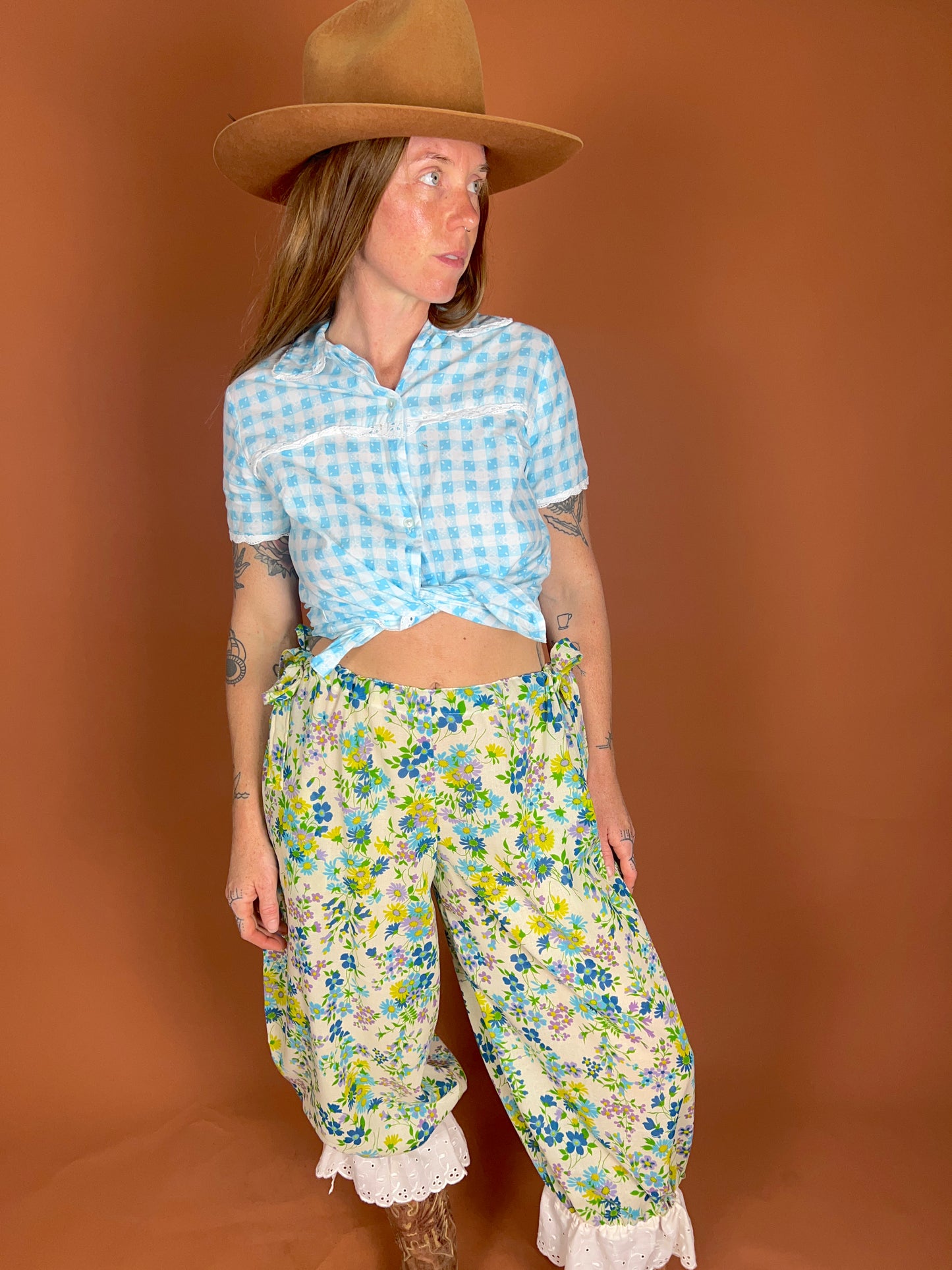 SECOND SHINE SLOW FASHION Up-Cycled Long Floral & Lace Bloomers OS