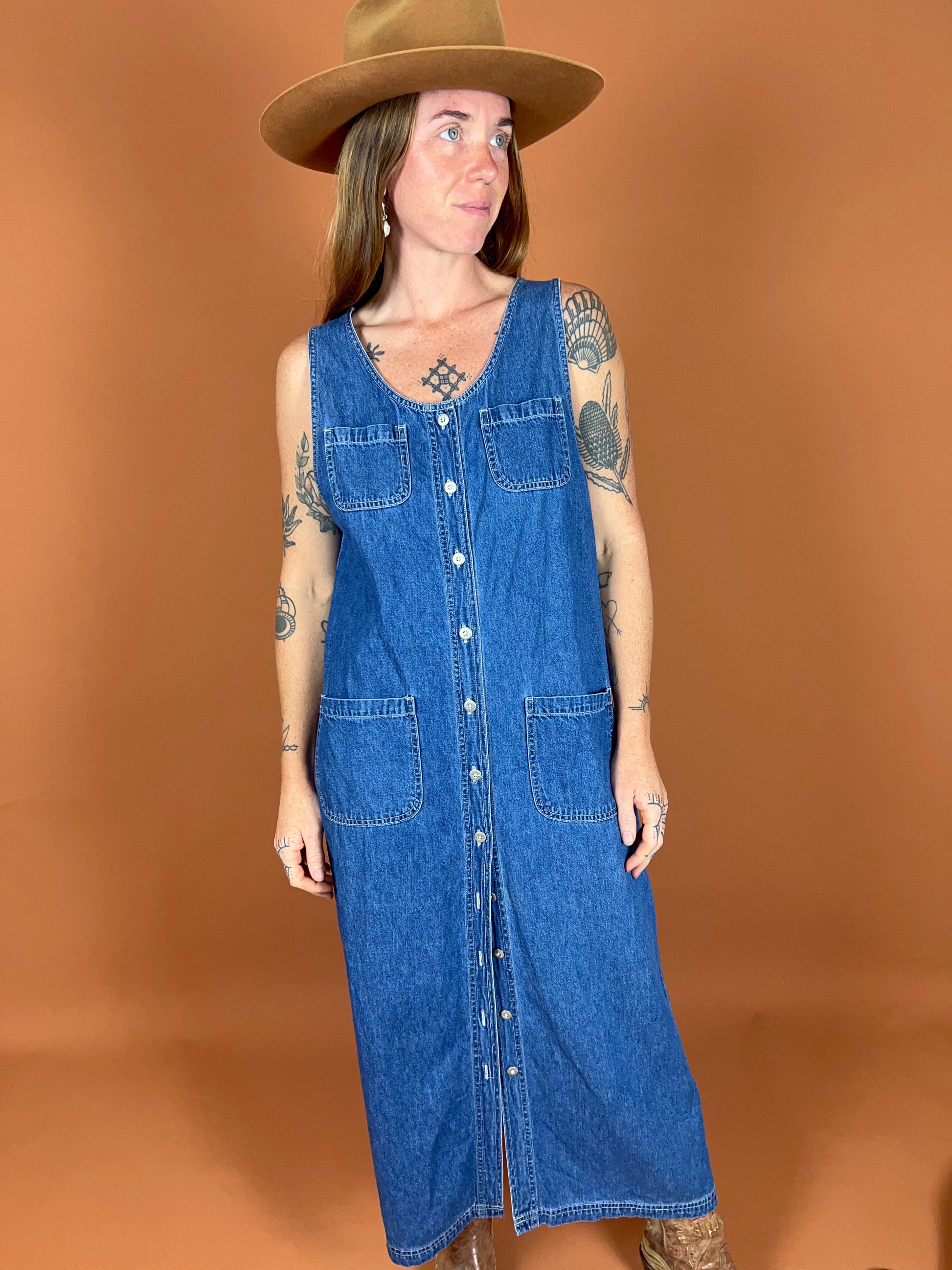 VINTAGE 80s Denim Maxi Dress 12 Sunflower Seed Vintage VINTAGE 80s Denim Maxi Dress 12 Sunflower Seed Vintage