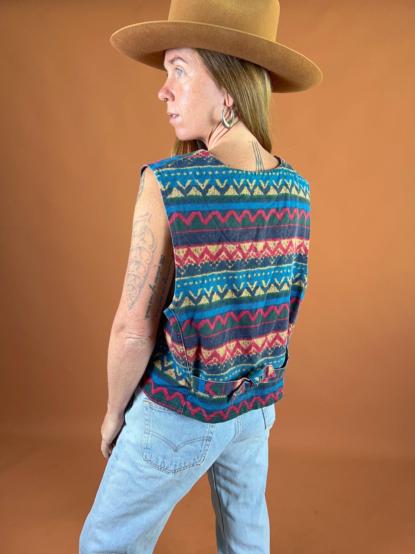 VINTAGE 70's Denim Aztec Print Vest 16