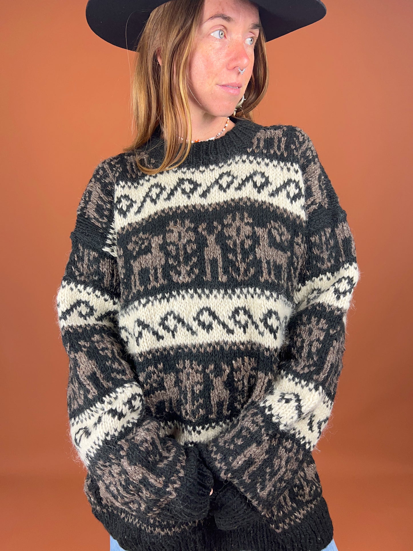 VTG 60's/70's Handmade Nordic Knit Wool Oversize Jumper 14-16
