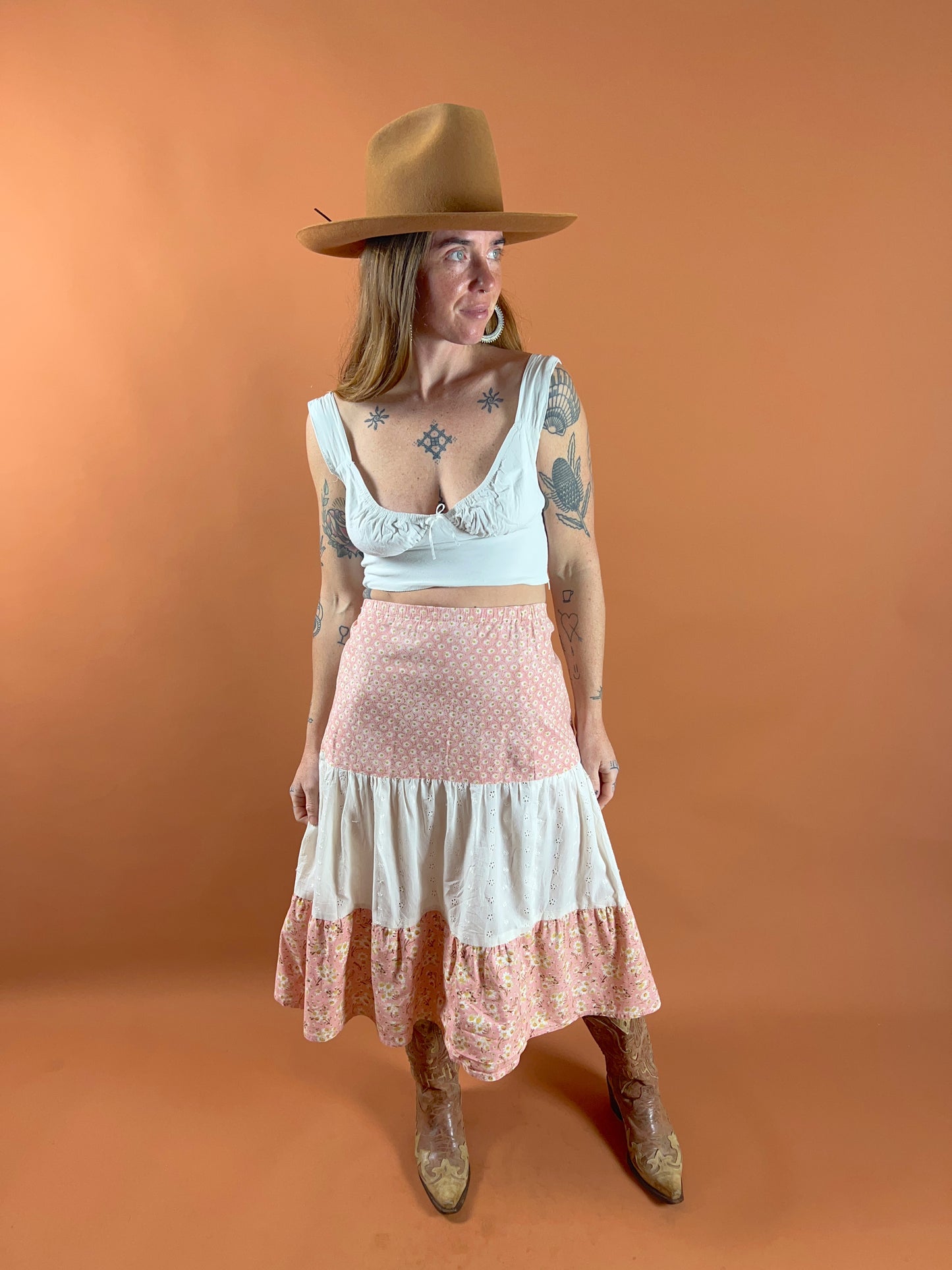 VINTAGE 70’s Floral Cotton Anglaise Skirt 10-14