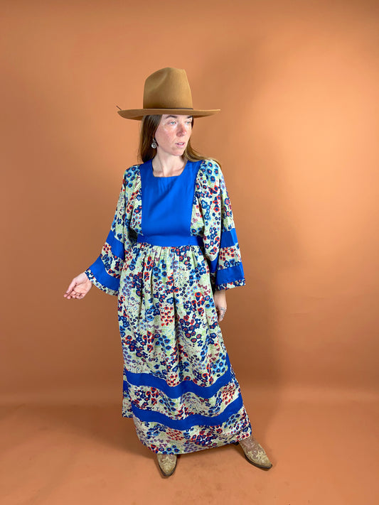 VINTAGE 60's Floral Big Sleeve Maxi Dress 8-10