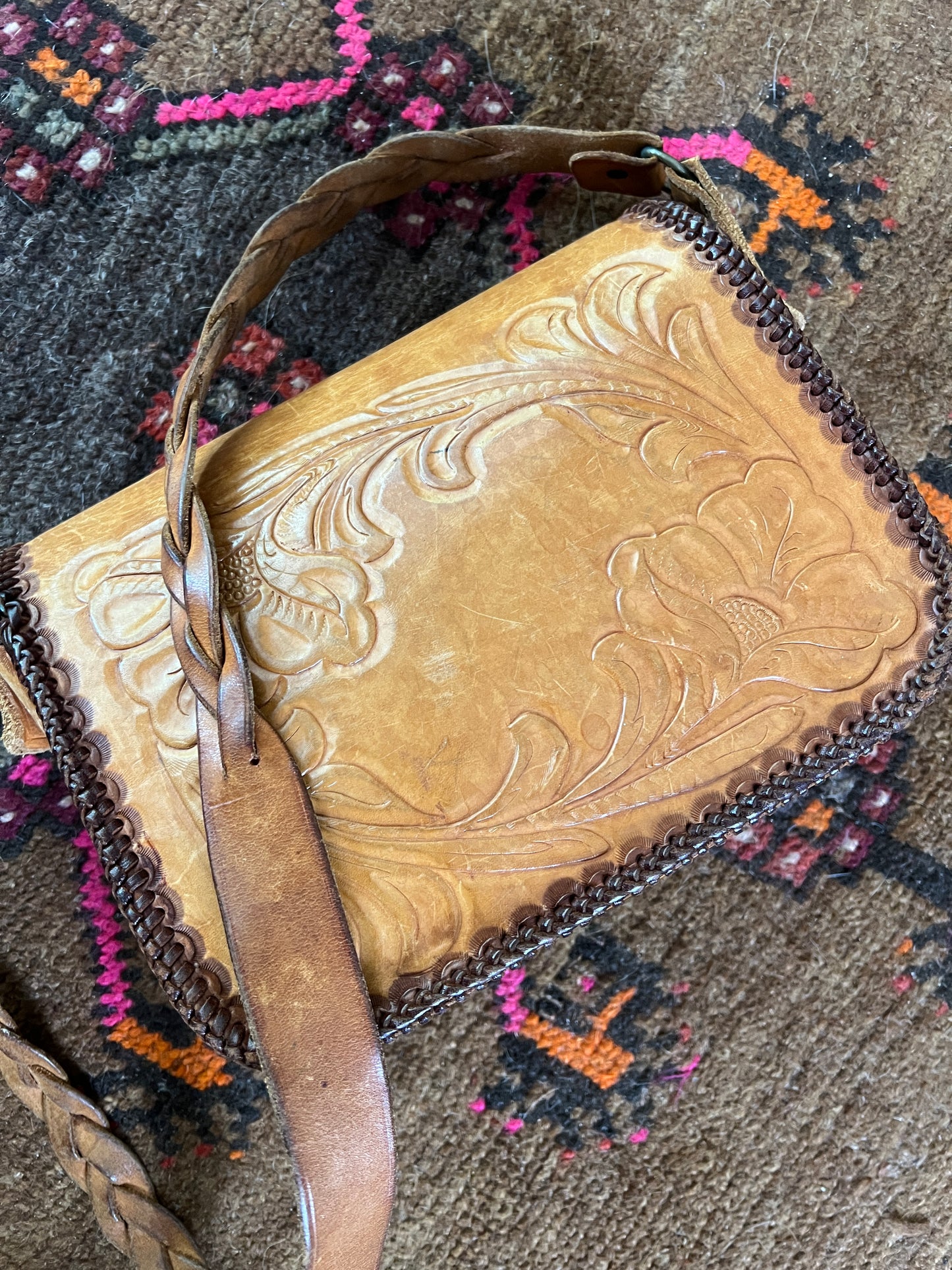 VINTAGE 70's Tooled Leather Shoulder Bag