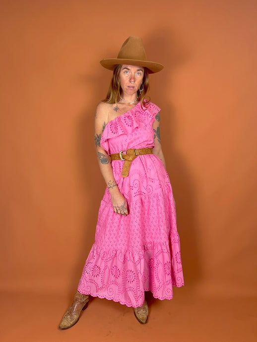 VTG 70's/80's Cotton Anglaise One Shoulder Maxi Dress 12-14