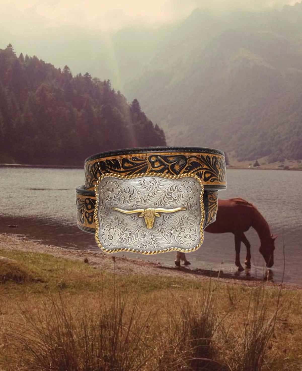 AXESORIA WEST Long Horn Western Buckle Tooled Floral Belt Black/Tan