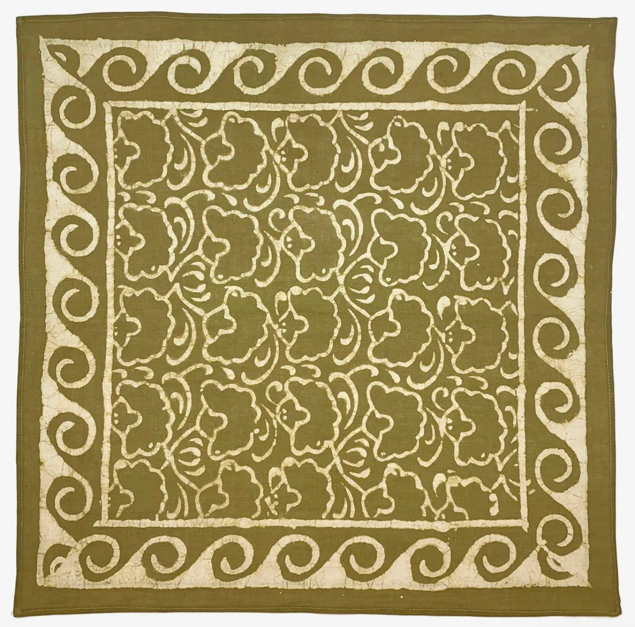 ANJU Block Printed Bandana - Olive Green Floral and Waves