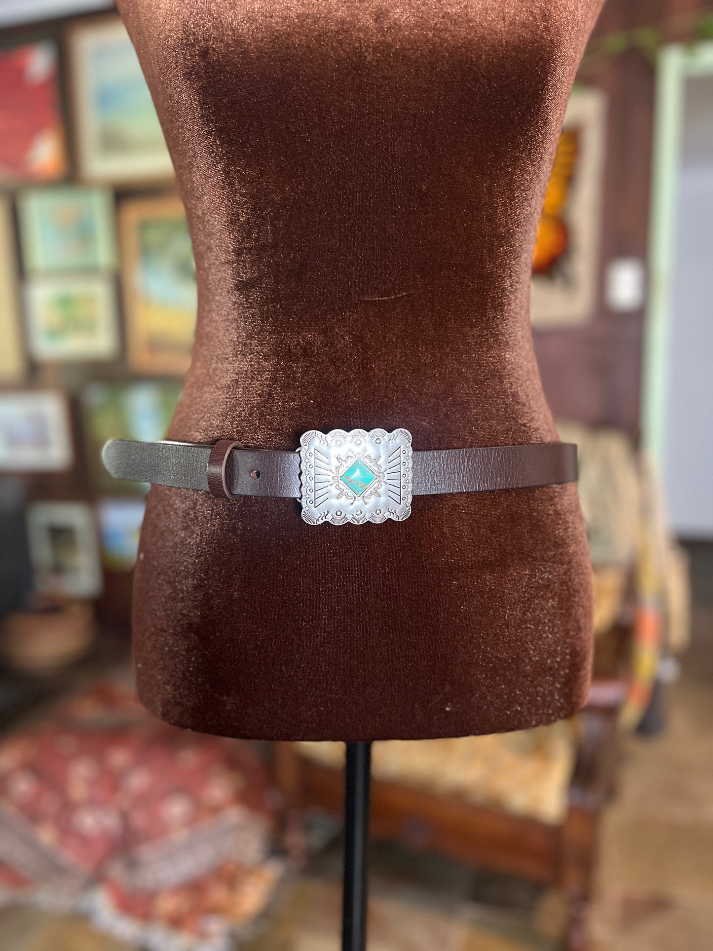 Genuine Leather Skinny Belt with Western Style Buckle Brown