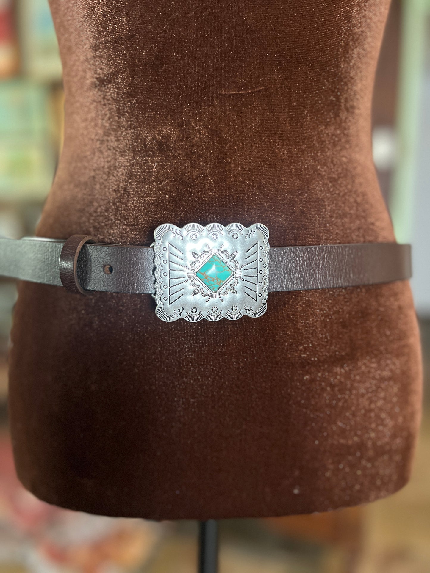 Genuine Leather Skinny Belt with Western Style Buckle Brown