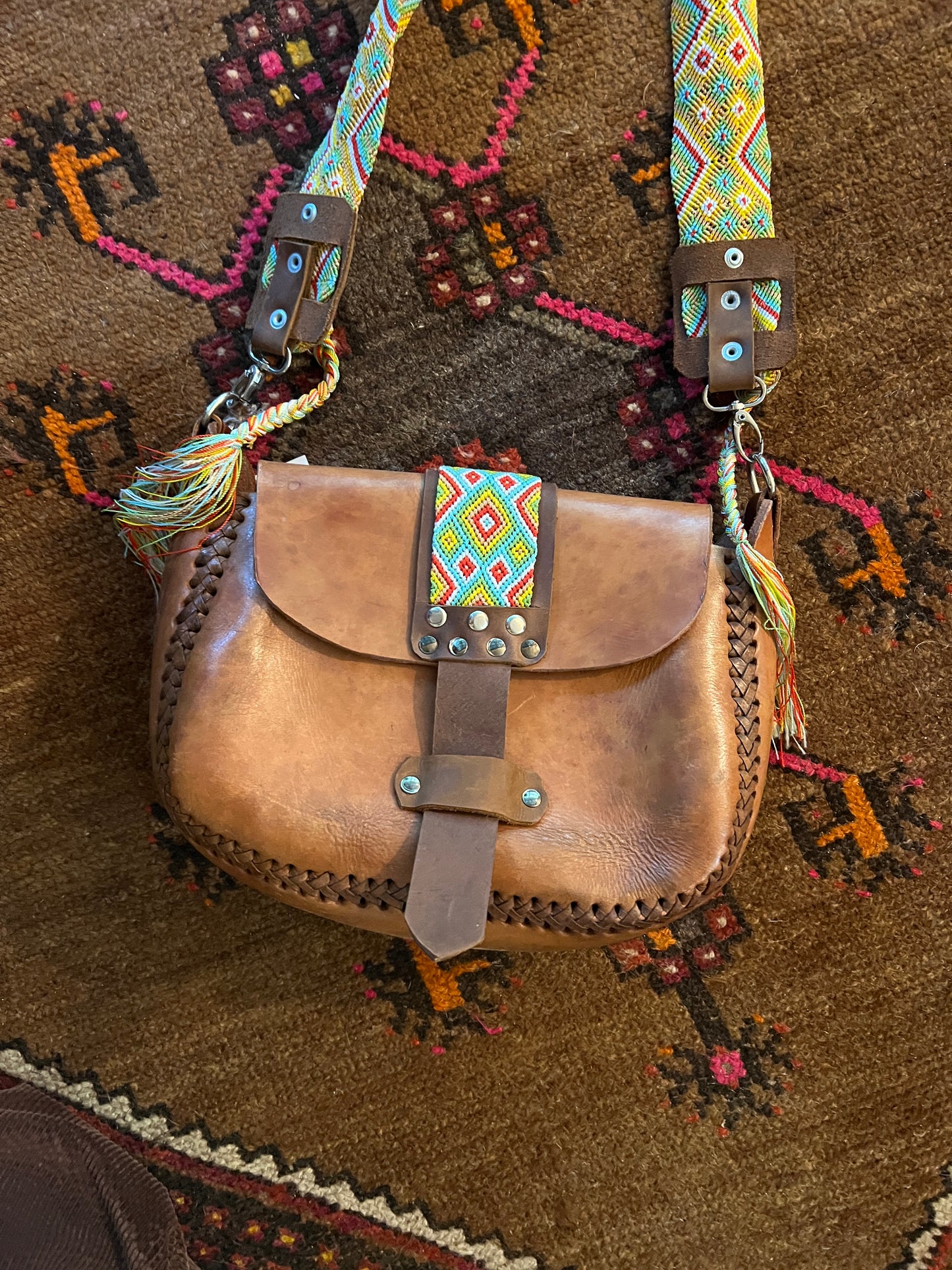 VINTAGE 70's Leather & Woven Bag