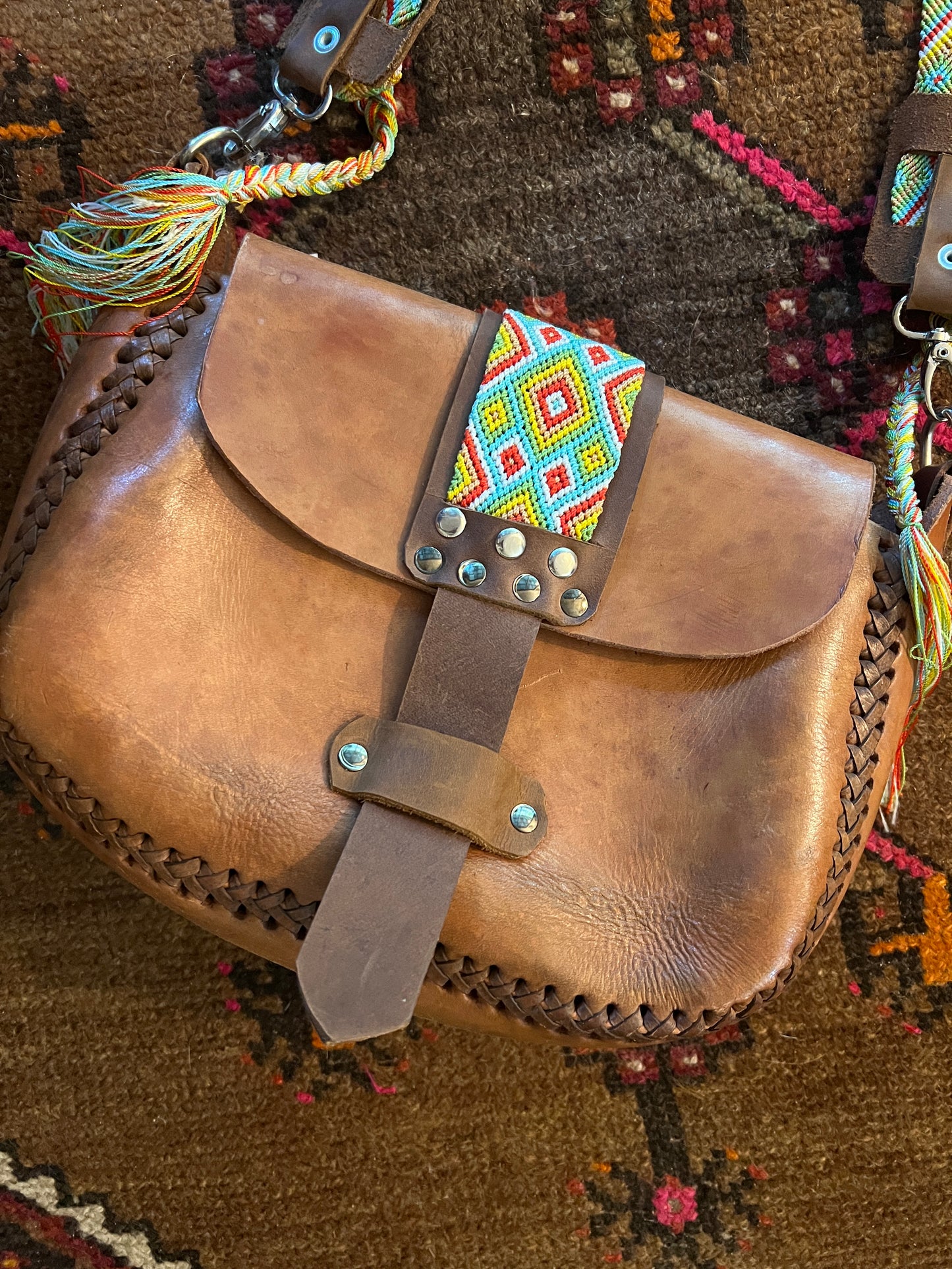 VINTAGE 70's Leather & Woven Bag