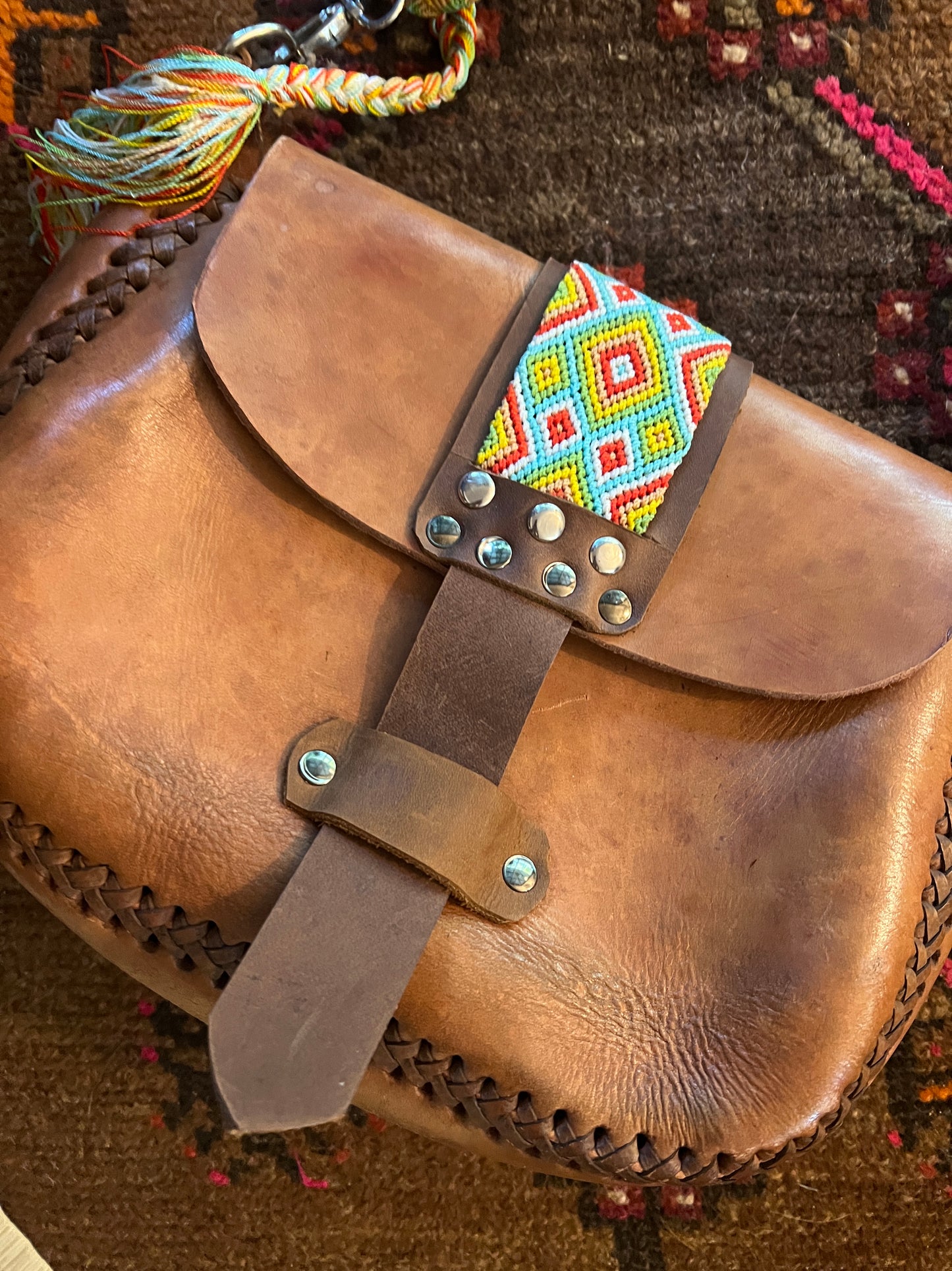 VINTAGE 70's Leather & Woven Bag