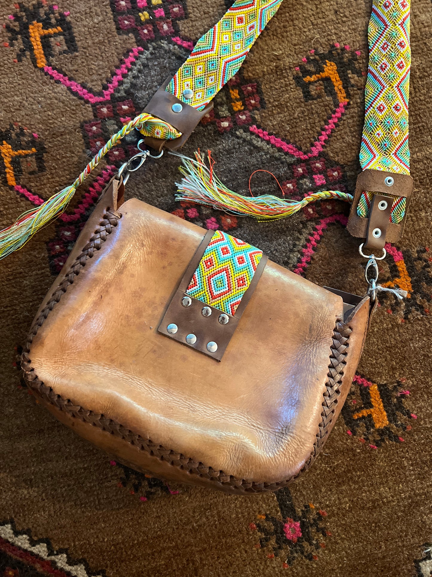 VINTAGE 70's Leather & Woven Bag