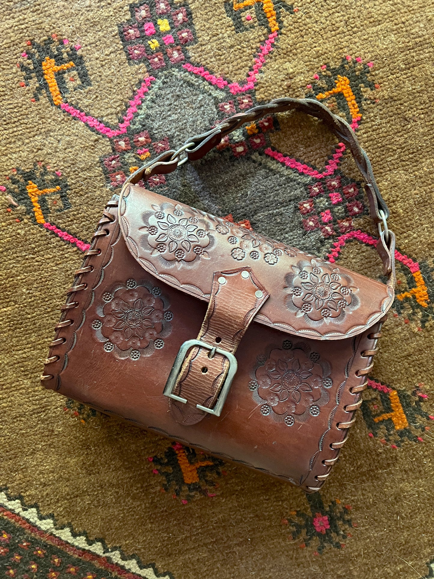 VINTAGE 70's Tooled Brown Leather Bag