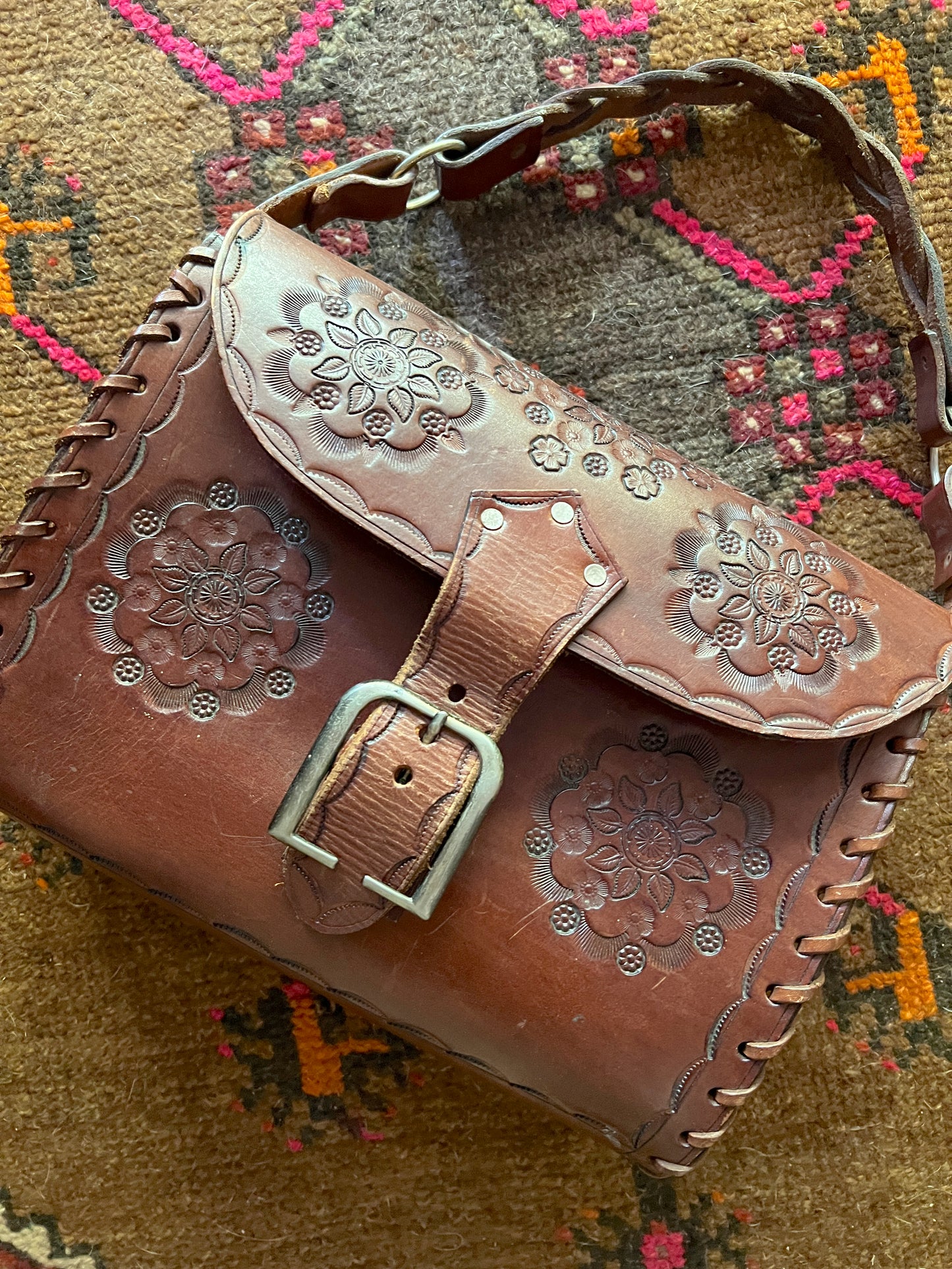 VINTAGE 70's Tooled Brown Leather Bag