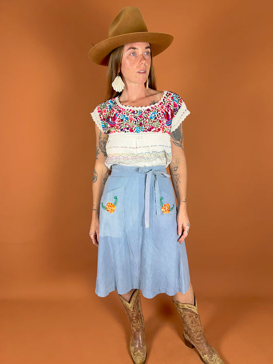 VINTAGE 70's Embroidered Wrap Skirt 6-10