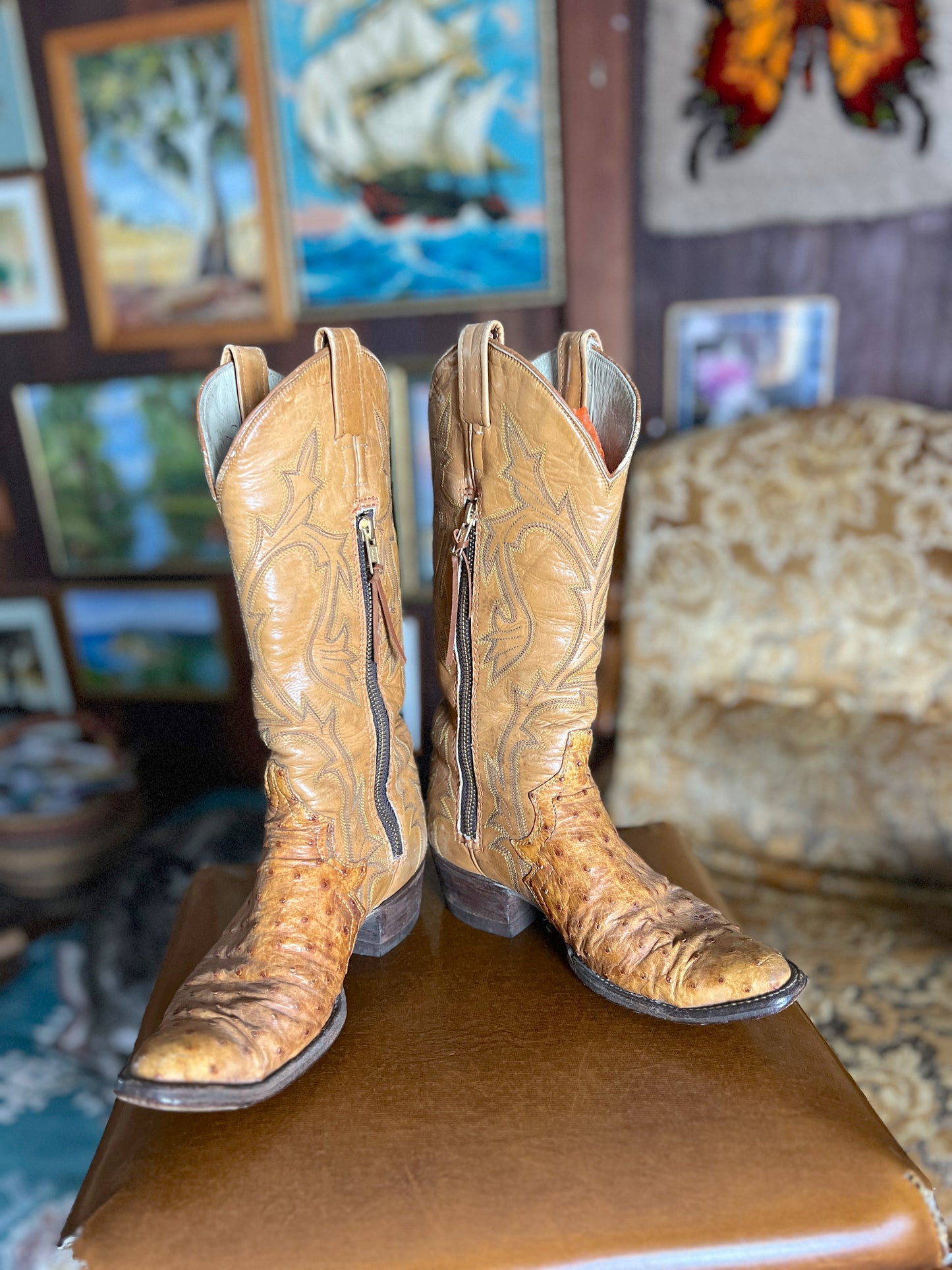 VINTAGE 70's Ostrich Leather Cowboy Boots 36.5/6
