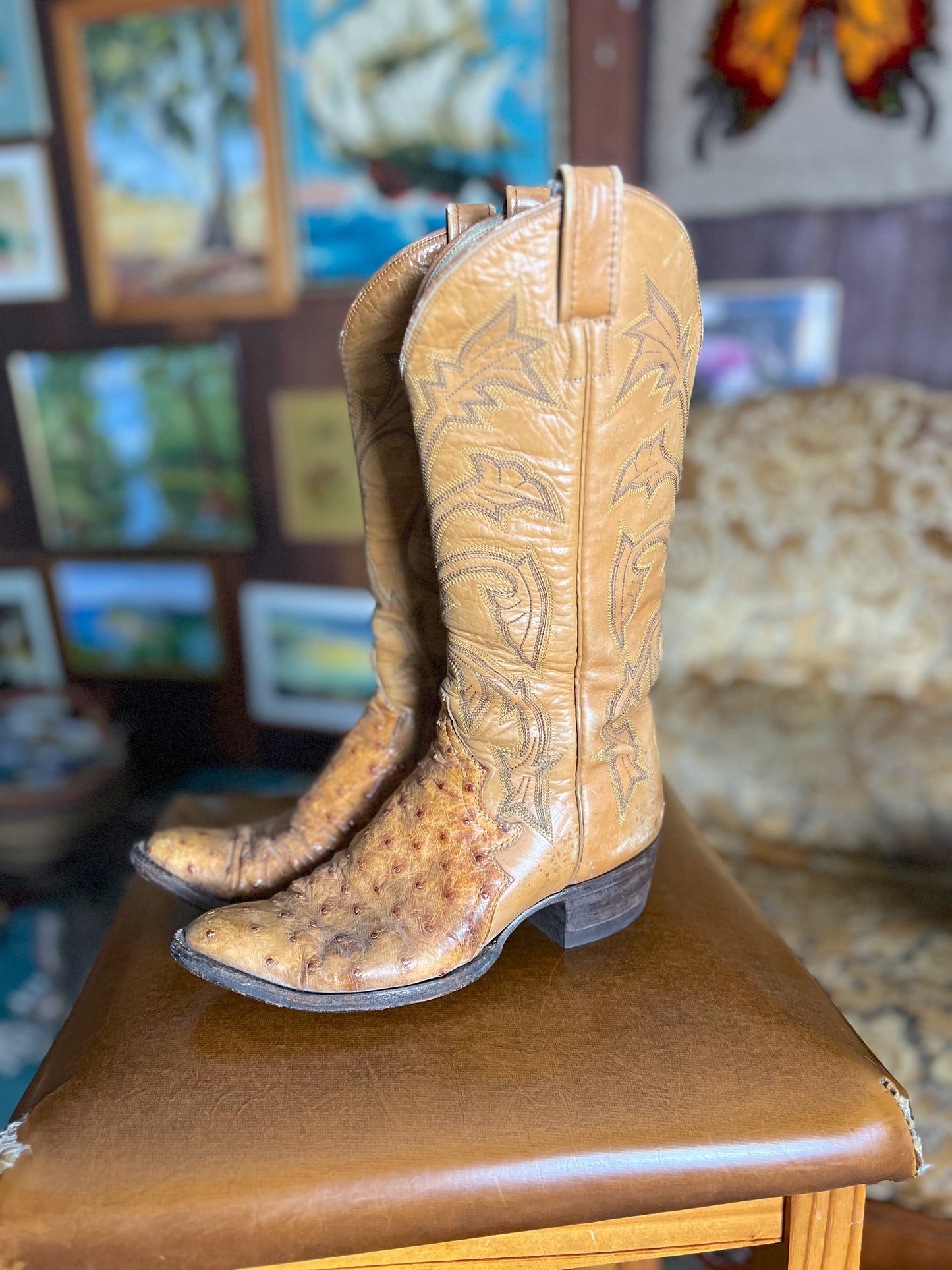 VINTAGE 70's Ostrich Leather Cowboy Boots 36.5/6