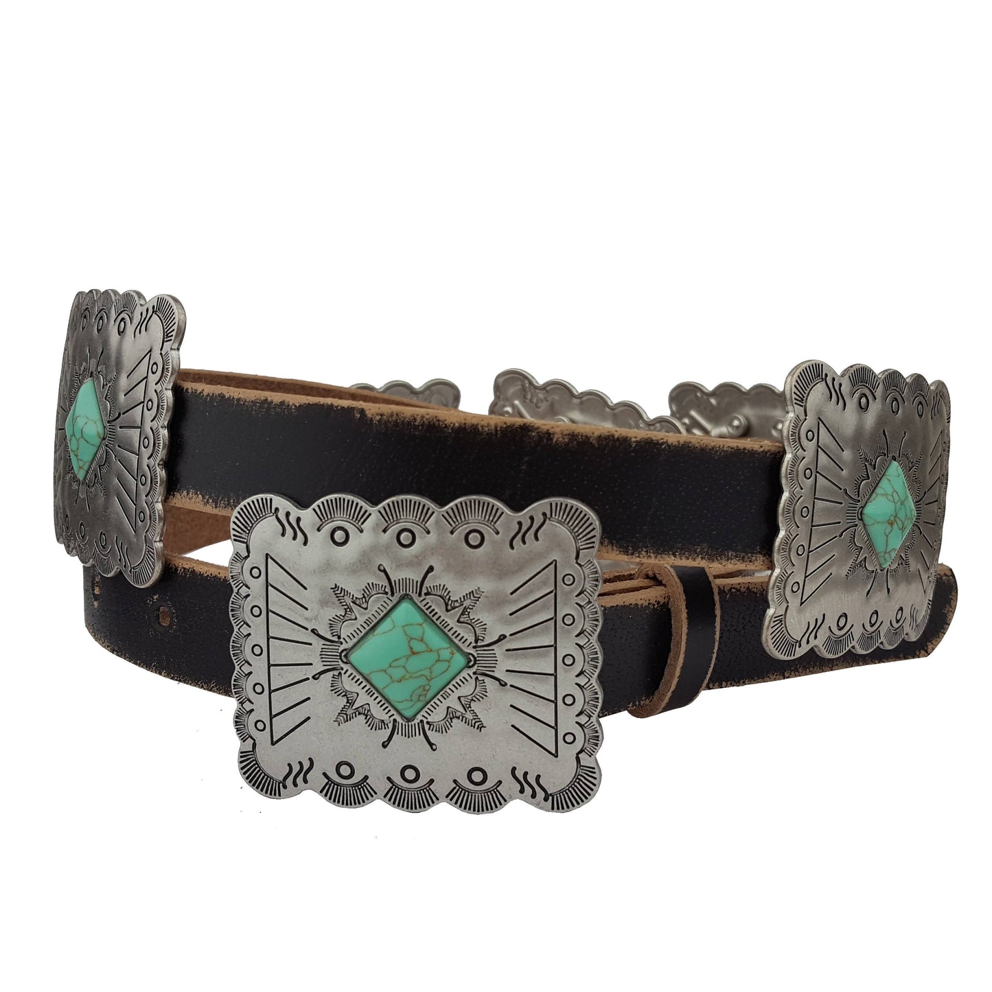 AXESORIA WEST Distressed Leather Belt Rectangular Concho Black