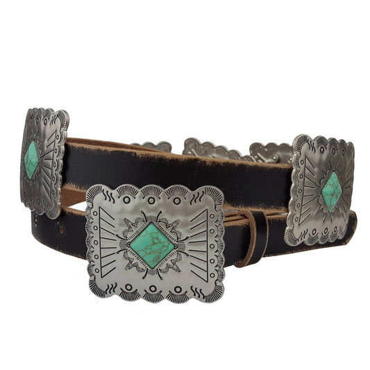 Distressed Leather Belt Rectangular Concho Black